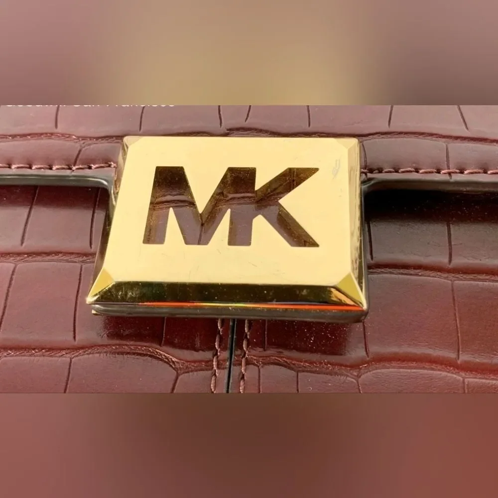 Michael Kors MK Sonia Red Burgundy Croc Embossed Square Crossbody Shoulder Bag